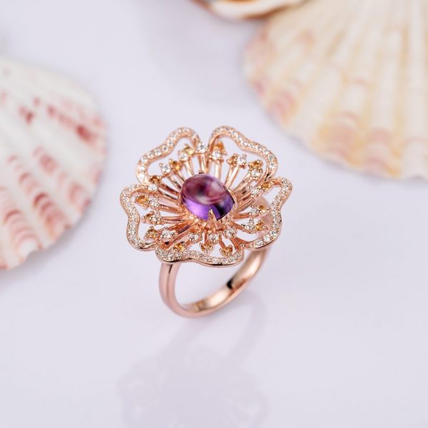 Genuine Amethyst Flower Ring Rose Gold Plated Silver With Crystals 3