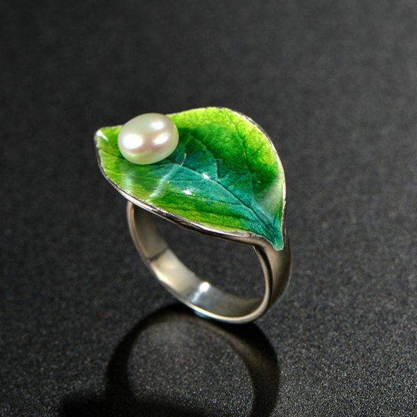 Green Leaf Ring Enamel Jewelry With Freshwater Pearl on Authentic Silver 2