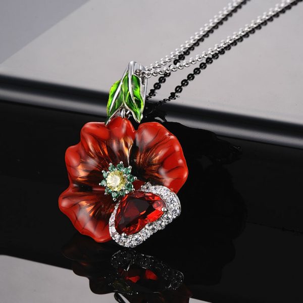 Red Necklace With Heart Shaped Crystal and Flower Enamel in 925 Silver 4