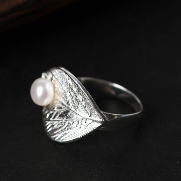 Leaf Ring With Natural Pearl Real 925 Sterling Silver 1