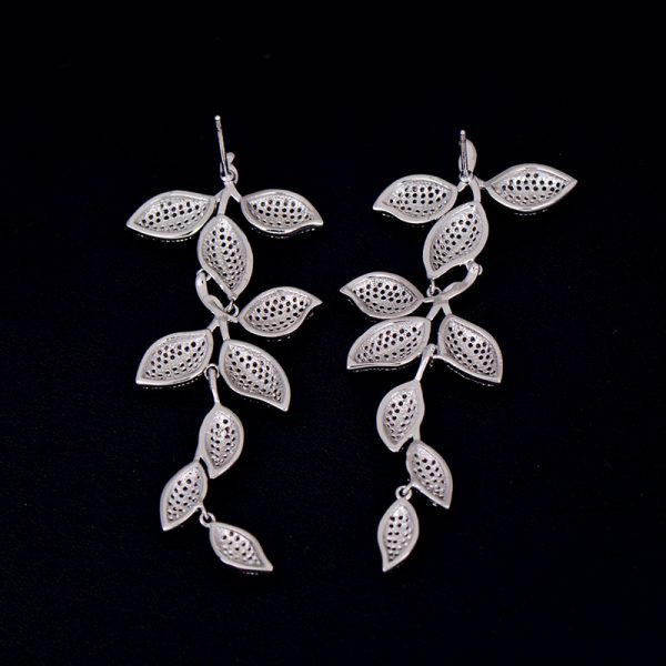 Long Dangle Earrings with Leaves Mirco Pave Cubic Zirconia 2