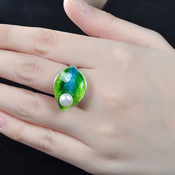 Green Leaf Ring Enamel Jewelry With Freshwater Pearl on Authentic Silver 1