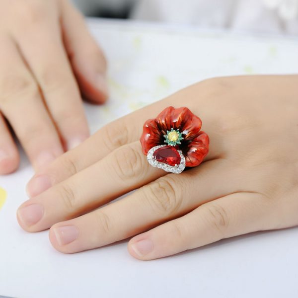 Red Ring With Big Enamel Flower in 100% Silver with Crystals 4