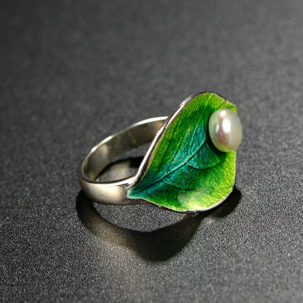 Green Leaf Ring Enamel Jewelry With Freshwater Pearl on Authentic Silver 4