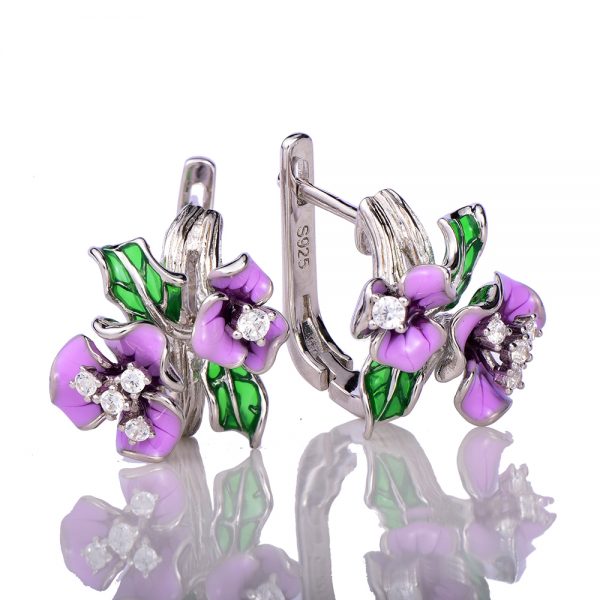 Pretty Earrings With Enamel Flowers in 925 Silver