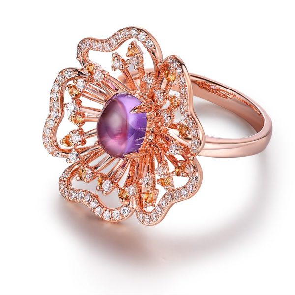 Genuine Amethyst Flower Ring Rose Gold Plated Silver With Crystals 1