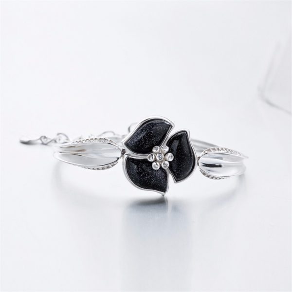 925 Sterling Silver Black Flower Bracelet With Buckle 4