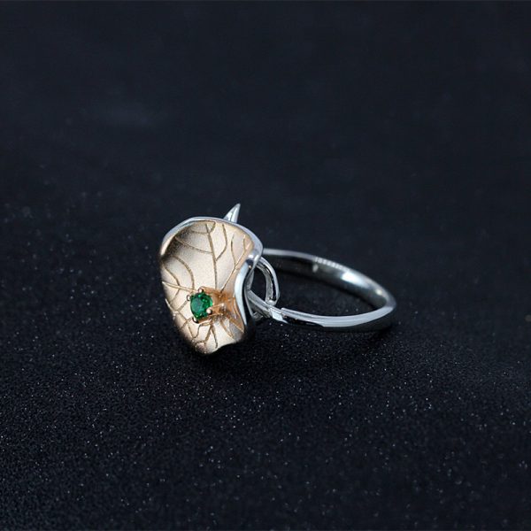 Lotus Leaf Ring With Green Crystal in Real Silver Pink Gold Color 1