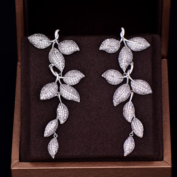 Long Dangle Earrings with Leaves Mirco Pave Cubic Zirconia 1