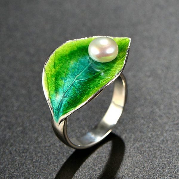 Green Leaf Ring Enamel Jewelry With Freshwater Pearl on Authentic Silver