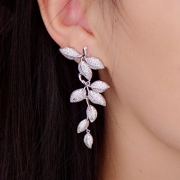 Long Dangle Earrings with Leaves Mirco Pave Cubic Zirconia