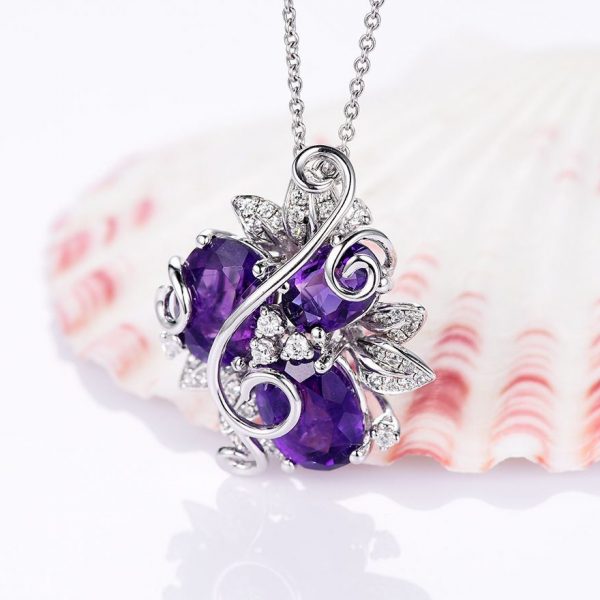 Purple Amethyst Flower Pendant Necklace on 925 Sterling Silver 5