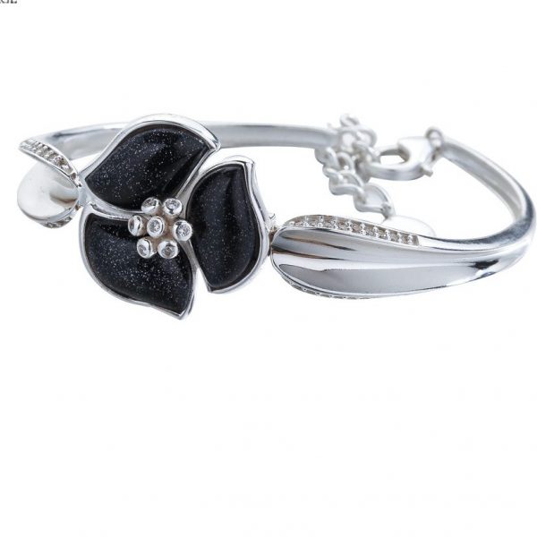 925 Sterling Silver Black Flower Bracelet With Buckle