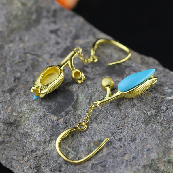 Turquoise Earrings Tulip Flowers in Gold Color 925 Silver 4