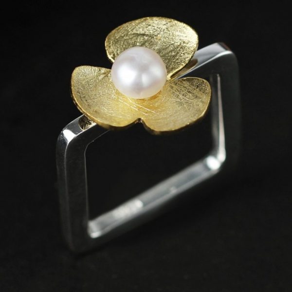 Square Ring With Yellow Flower With Single Pearl in 925 Sterling Silver