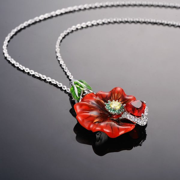 Red Necklace With Heart Shaped Crystal and Flower Enamel in 925 Silver 5