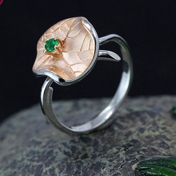 Lotus Leaf Ring With Green Crystal in Real Silver Pink Gold Color