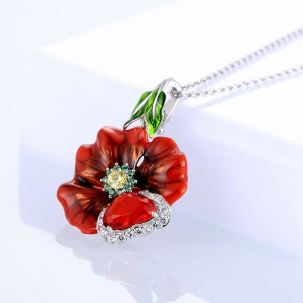 Red Necklace With Heart Shaped Crystal and Flower Enamel in 925 Silver 2