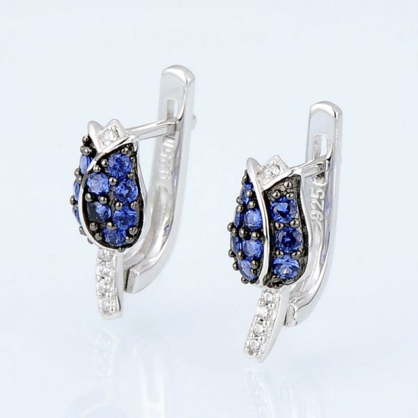 Tulip Flower Stud Earrings Blue CZ on Sterling Silver 2