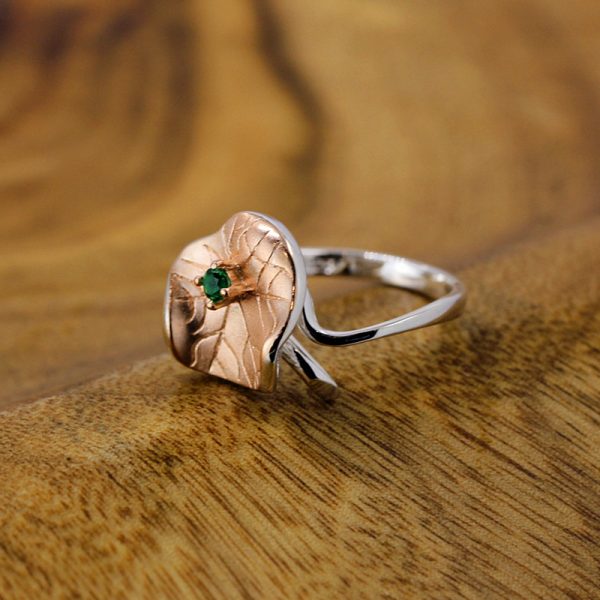 Lotus Leaf Ring With Green Crystal in Real Silver Pink Gold Color 3