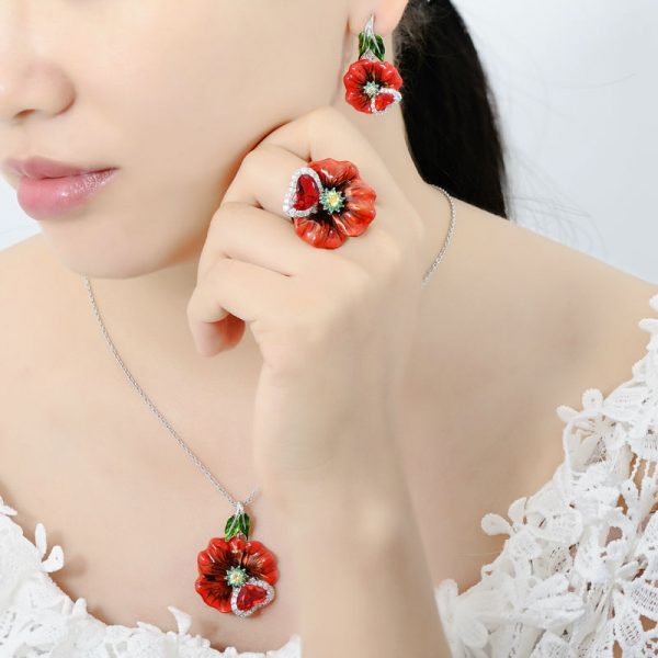 Red Necklace Set Flower Enamel Jewelry With Heart Shaped CZ in 925 Silver 5