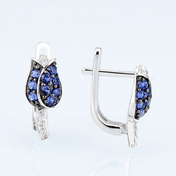 Tulip Flower Stud Earrings Blue CZ on Sterling Silver 4