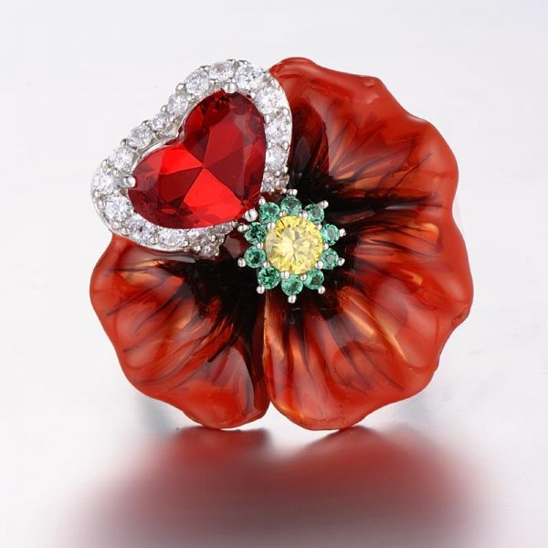 Red Ring With Big Enamel Flower in 100% Silver with Crystals 3