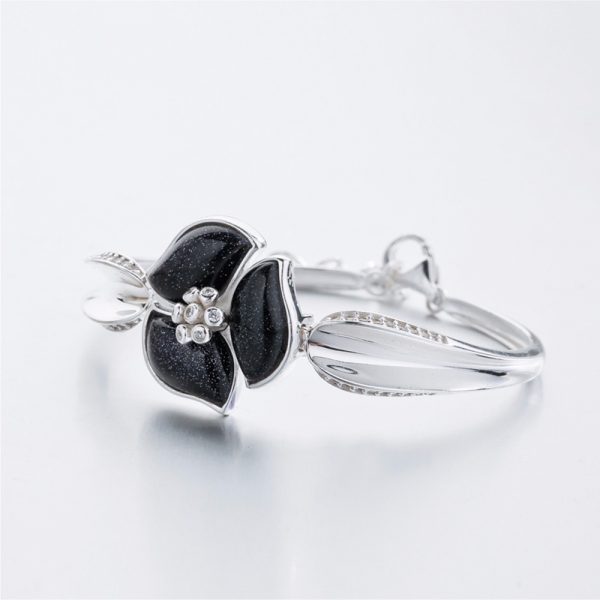 925 Sterling Silver Black Flower Bracelet With Buckle 3