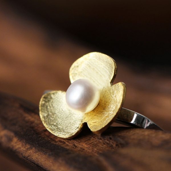 Square Ring With Yellow Flower With Single Pearl in 925 Sterling Silver 1