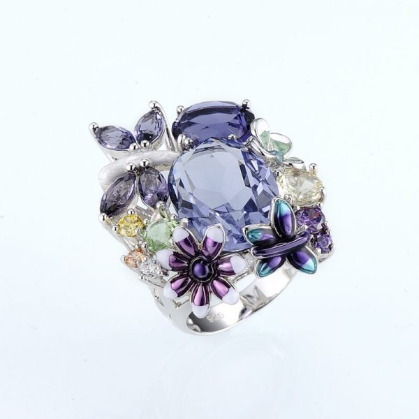 Cocktail Ring With Flowers in Crystals and 925 Sterling Silver 2