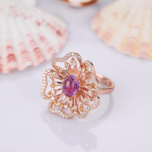 Genuine Amethyst Flower Ring Rose Gold Plated Silver With Crystals 2