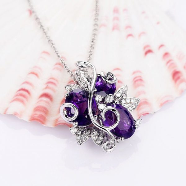 Purple Amethyst Flower Pendant Necklace on 925 Sterling Silver 4