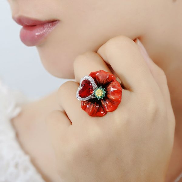 Red Ring With Big Enamel Flower in 100% Silver with Crystals 5