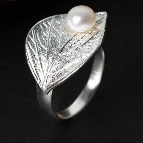 Leaf Ring With Natural Pearl Real 925 Sterling Silver