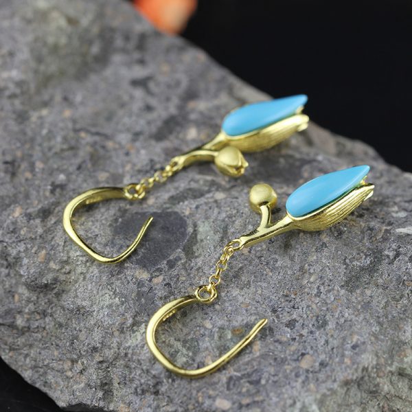 Turquoise Earrings Tulip Flowers in Gold Color 925 Silver 3