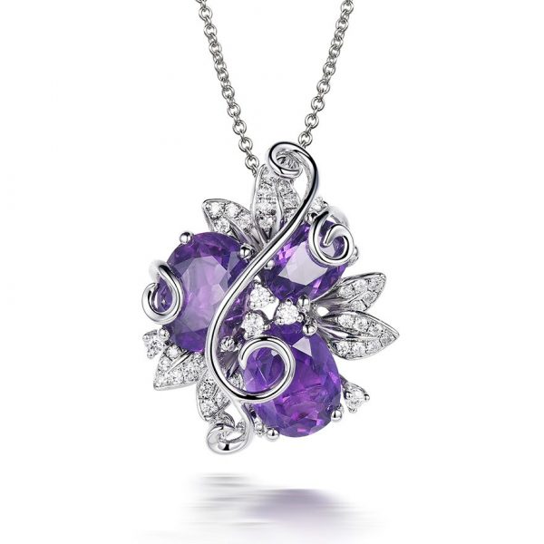 Purple Amethyst Flower Pendant Necklace on 925 Sterling Silver