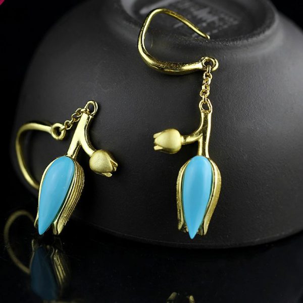 Turquoise Earrings Tulip Flowers in Gold Color 925 Silver