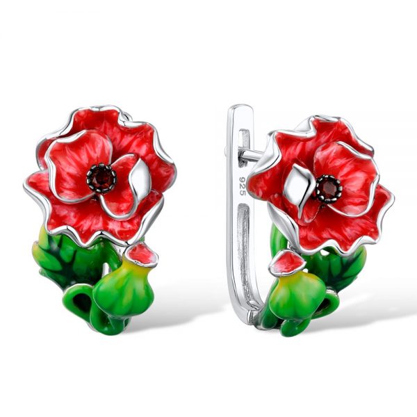 Red Stud Earrings Enamel Flower in 925 Sterling Silver 1