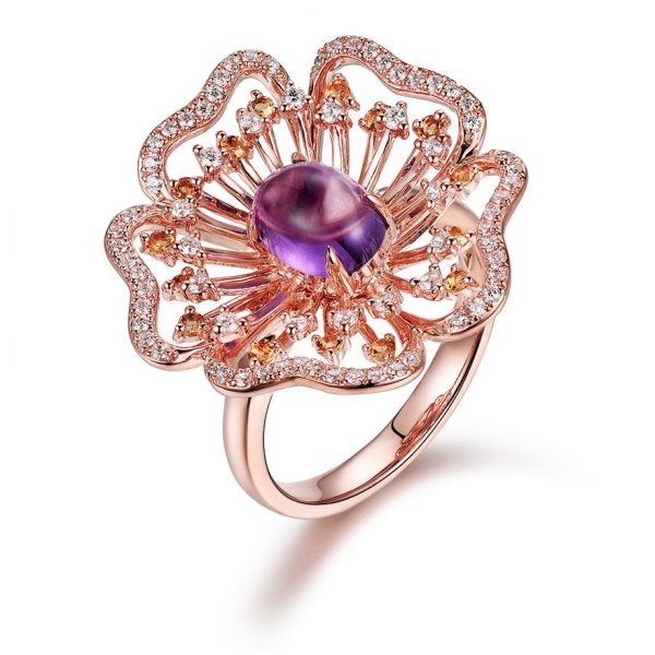 Genuine Amethyst Flower Ring Rose Gold Plated Silver With Crystals